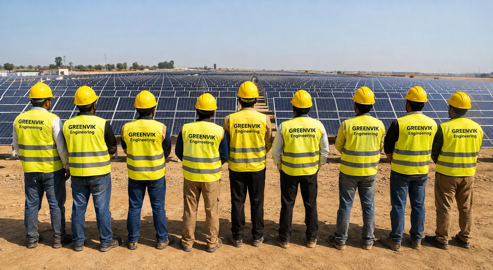 GREENVIK Engineering team in branded yellow safety vests in front of a large-scale solar installation