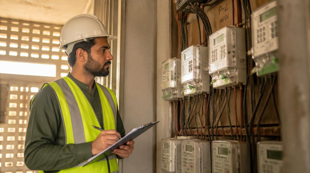 Pakistani engineer in hi-vis vest auditing an electricity meter board with a clipboard
