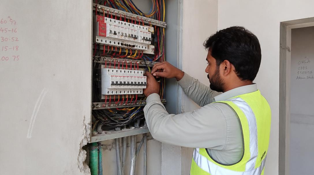 Pakistani electrician working on an electrical distribution board with circuit breakers