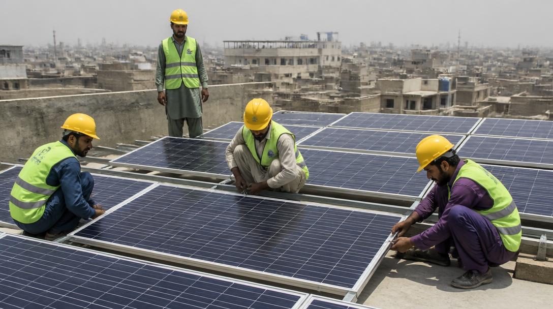 Pakistani technicians installing solar panels on a flat concrete rooftop