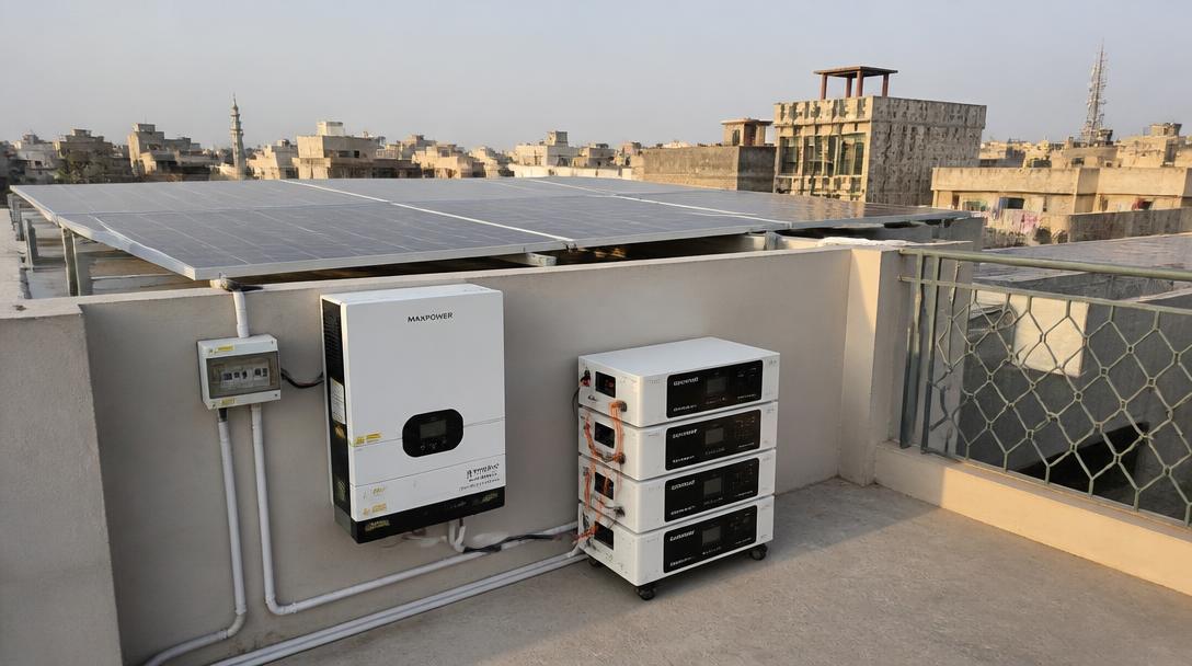 Wall-mounted hybrid inverter and battery bank on a Pakistani flat rooftop with solar panels
