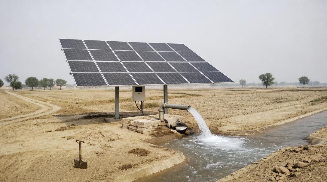 Off-grid solar array powering an agricultural tubewell in rural Punjab, Pakistan